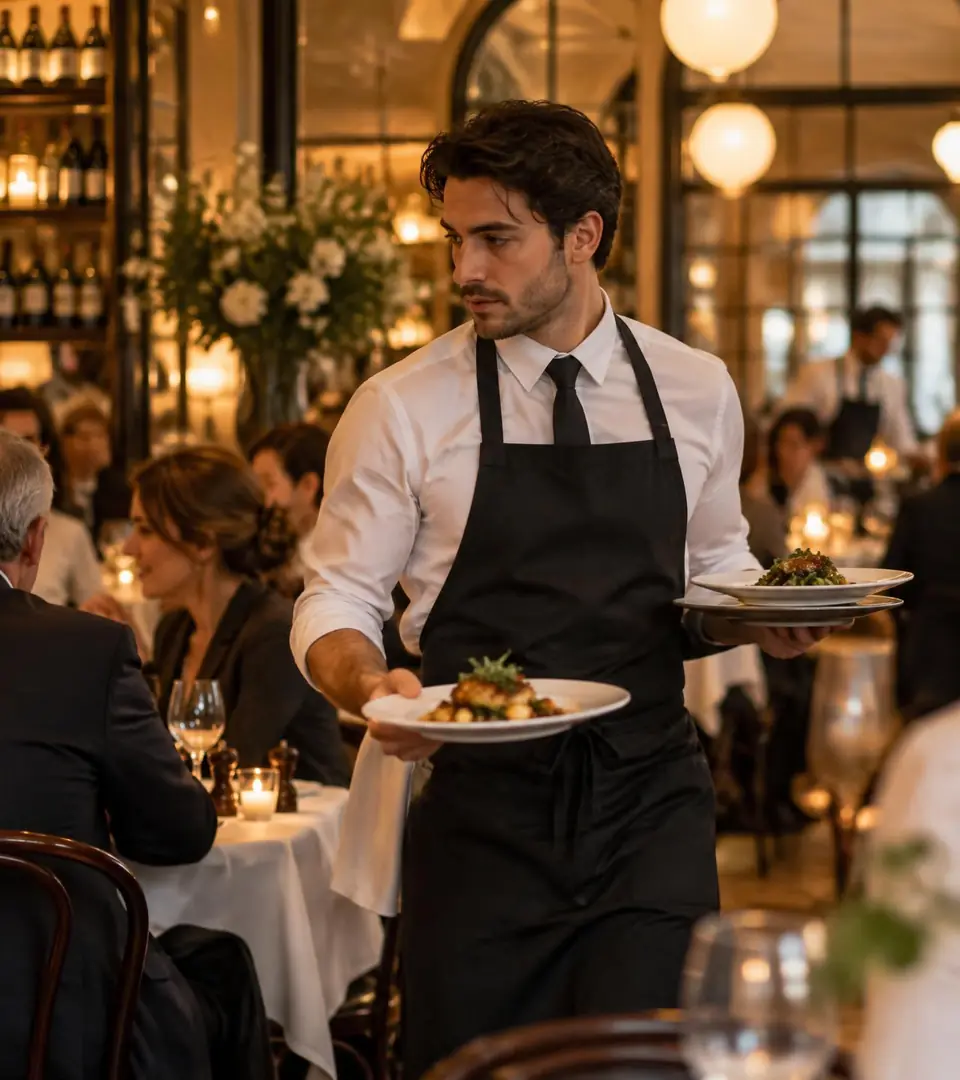 Serveur en plein service dans un bistrot